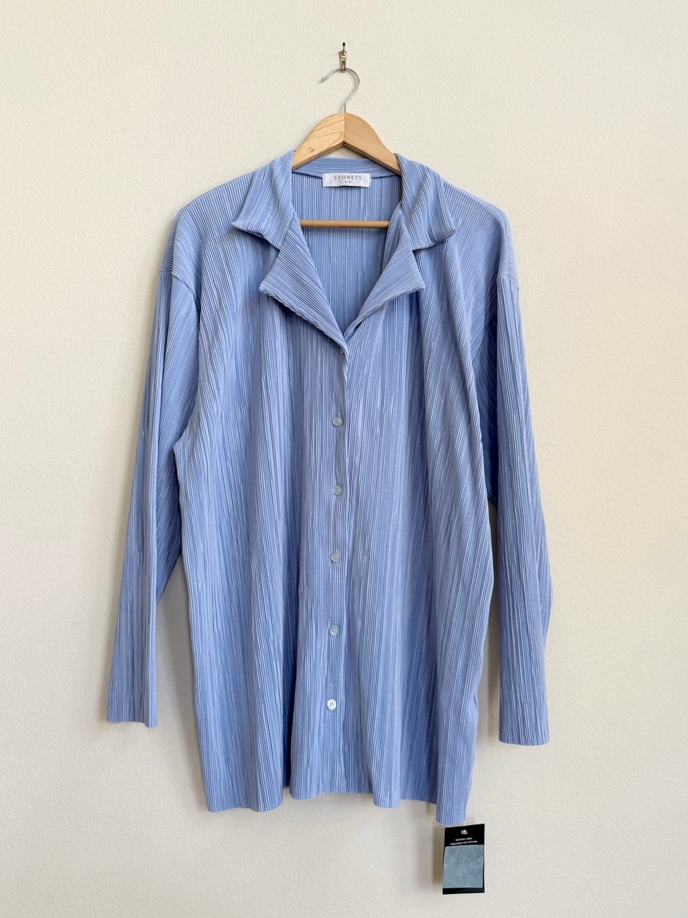 STORETS Maria Oversized Plisse Shirt Sky Blue Pleated Button Down Top NWT S/M